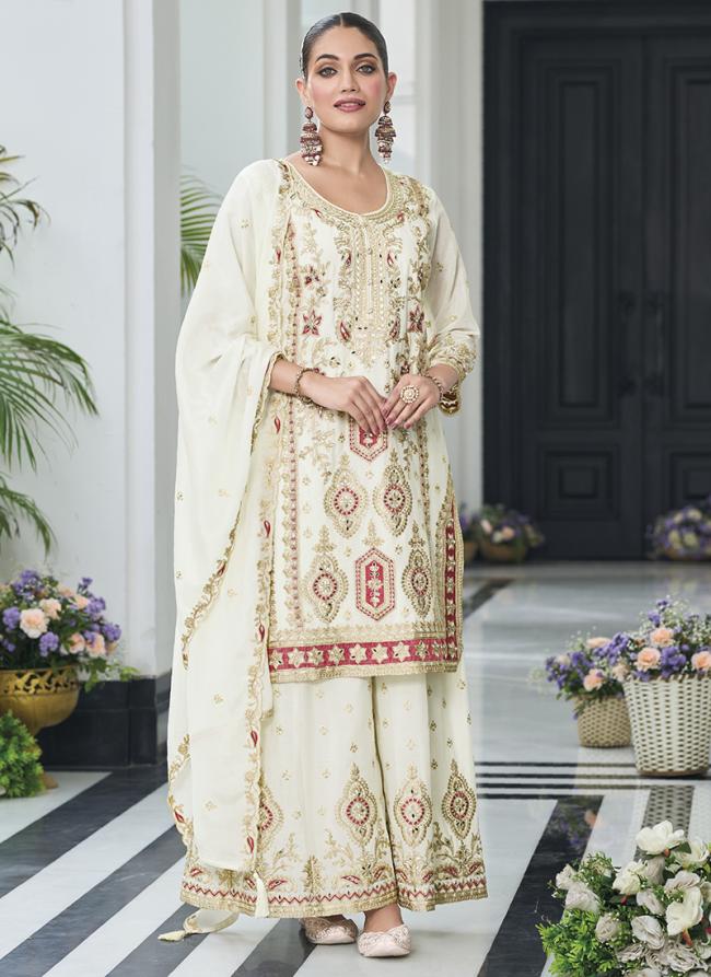 Chinnon White Wedding Wear Zari Work Readymade Plazzo Suit